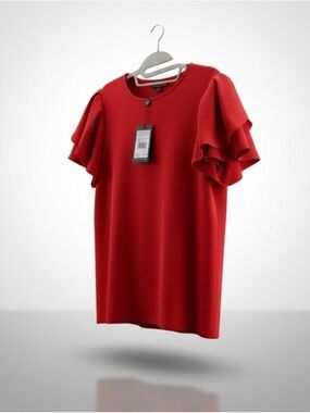 Adrianna Papell Red Hibiscus Solid Knit Tulip Sleeve Crew Neck Top-Size S